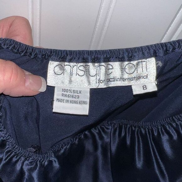 Christyne Forti Silk Skirt Suit Women’s Size 8 Navy Blue Rhinestone / faux Pearl - Picture 5 of 7